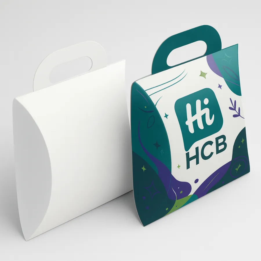 Plain white pillow box and abstract-designed box with a sturdy die-cut handle- class=